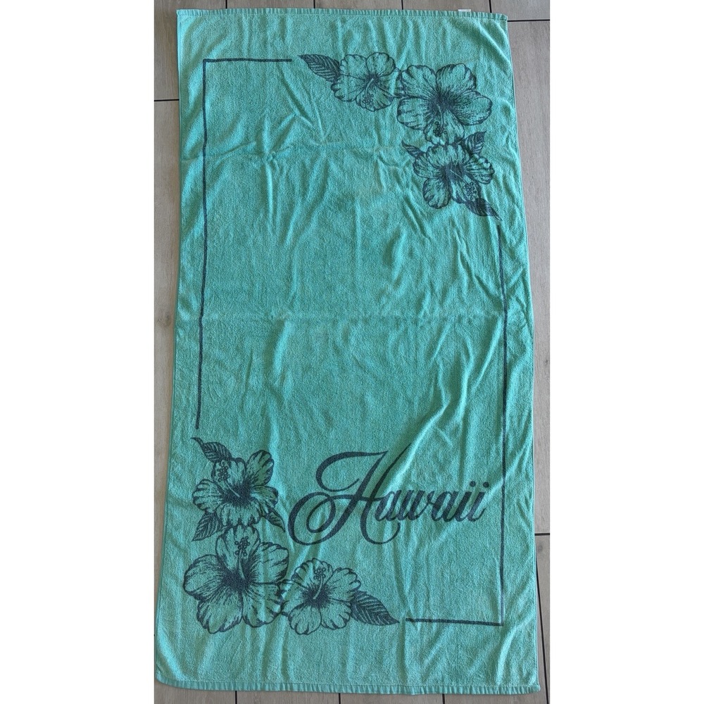Vtg Hawaii Beach Towel Green Gray Floral Retro 80s 90s Classic Hawaiian Island